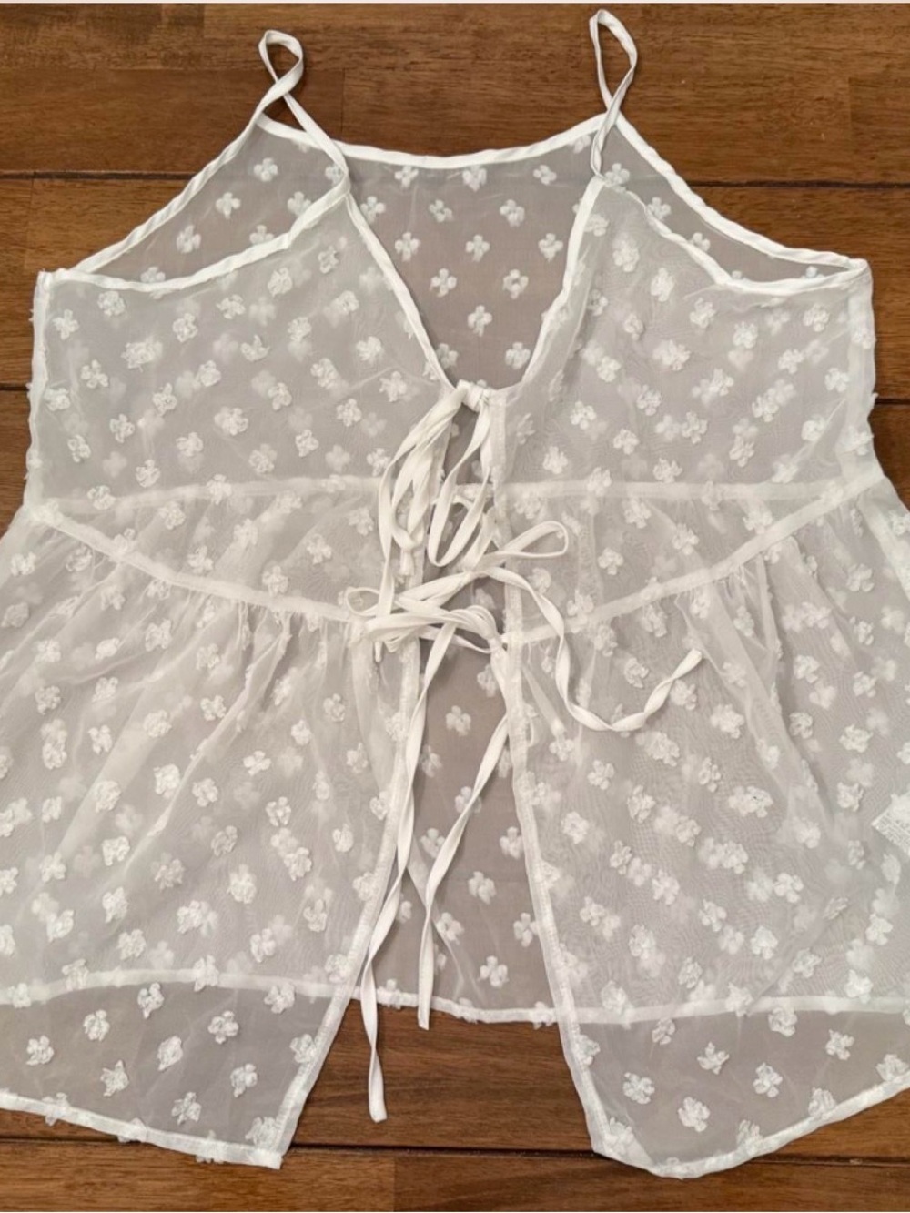 Sheer Boho Fairy core White Floral Embroidered Tie Front Cami Size Large